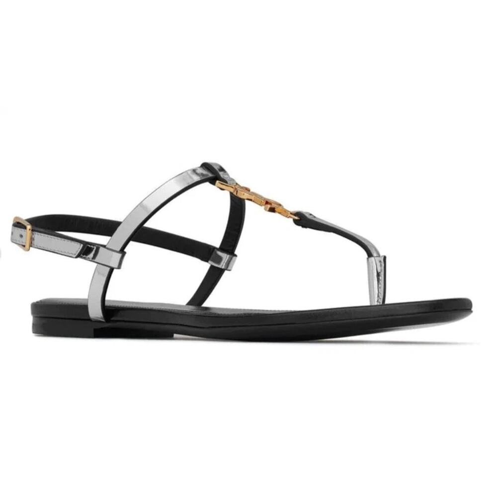 Saint Laurent Cassandra Patent Leather YSL Logo Thong Sandals Silver Black 36.5 - Picture 2 of 8